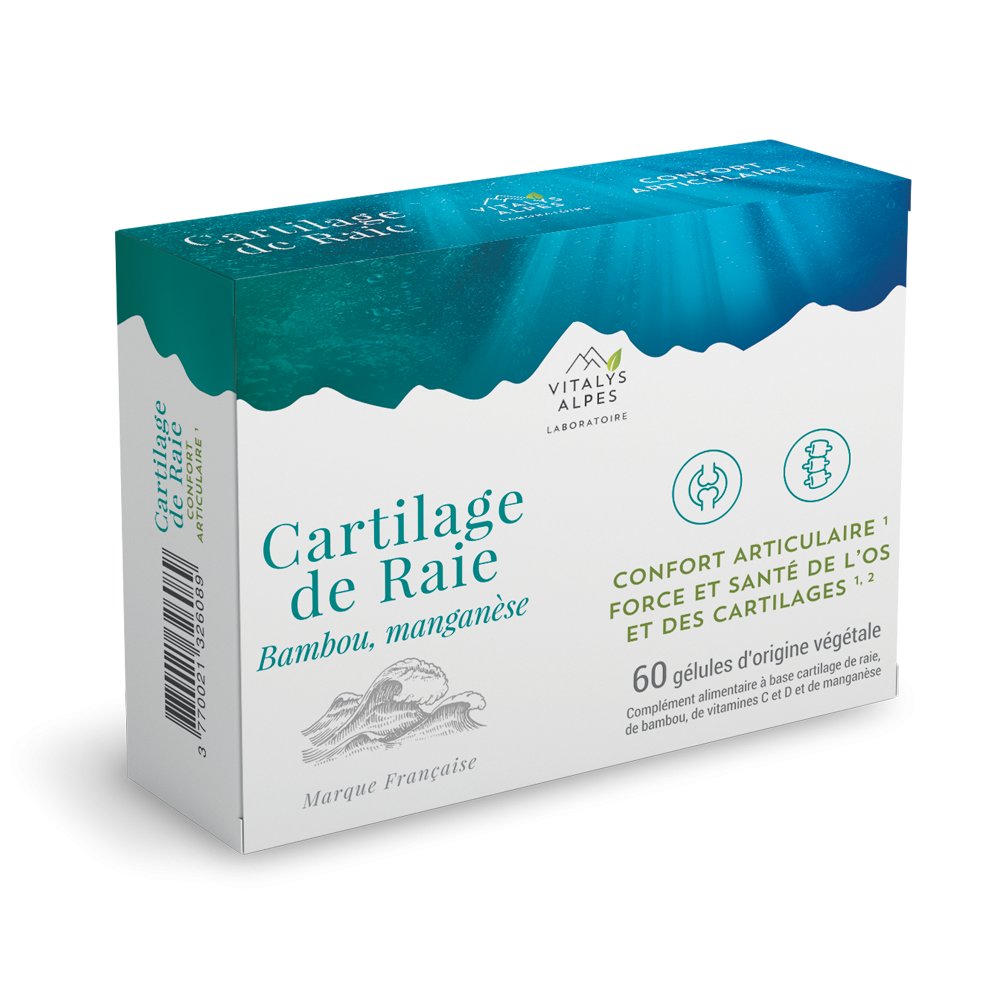 Complément alimentaire à base de cartilage de raie, bambou, manganèse et vitamines C et D pour le confort de vos articulations